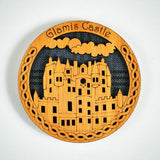 Glamis Castle Round wooden coaster (assorted tartan background)